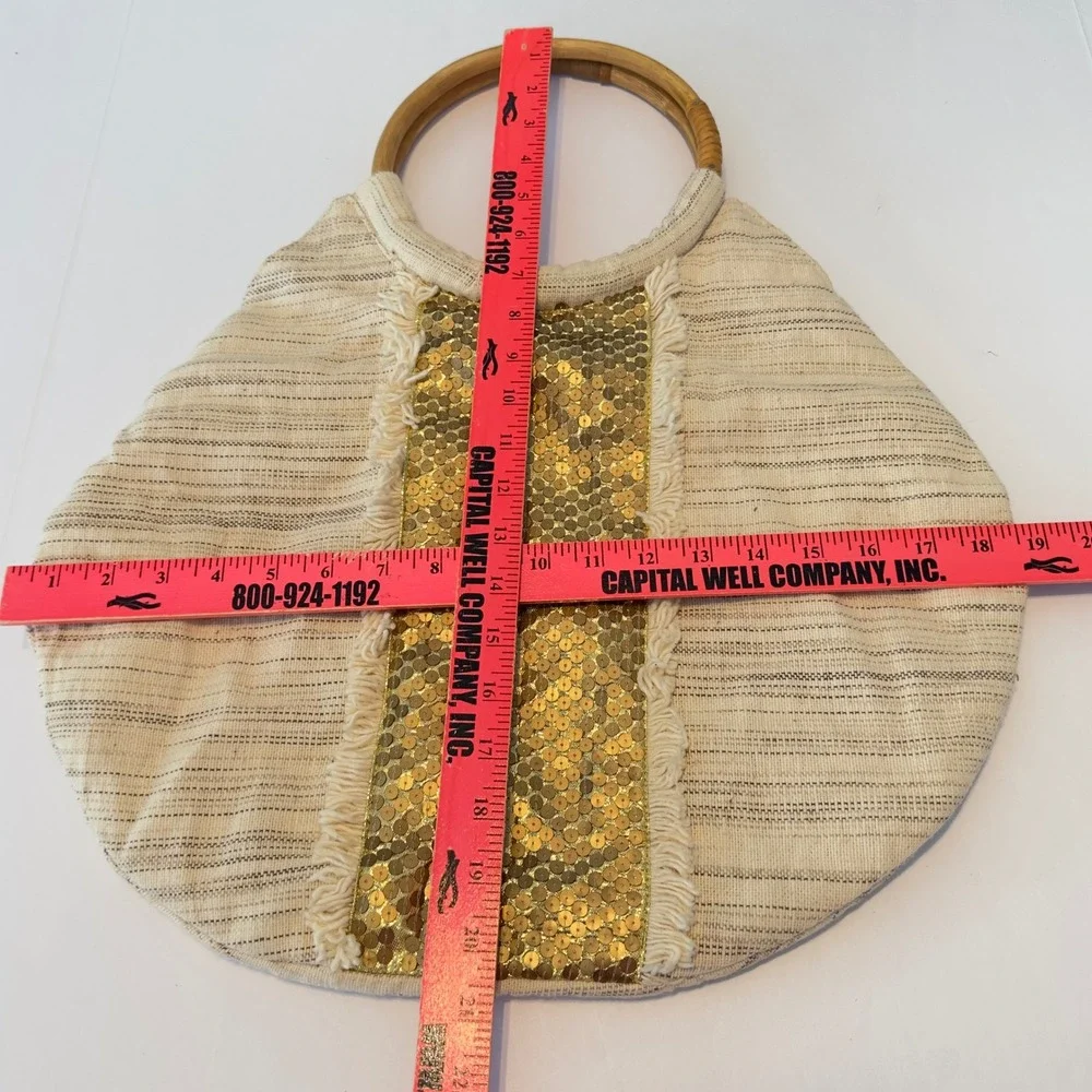 Boho Woven Stripe Tote Bag Gold‎ Sequin Fringe Bamboo Ring Handle Cream Beige